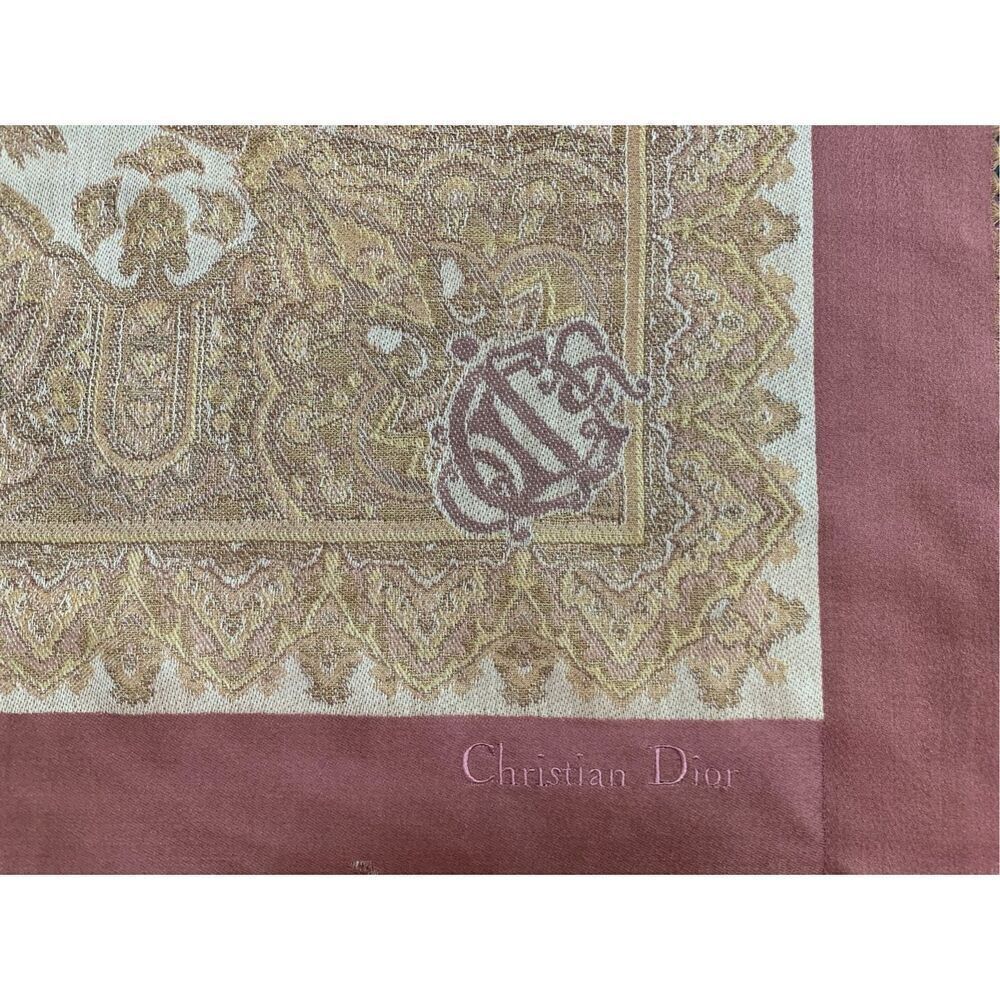 Christian Dior Square Wool Stole Tassel Scarf Tan and Pink - Picture 4 of 9